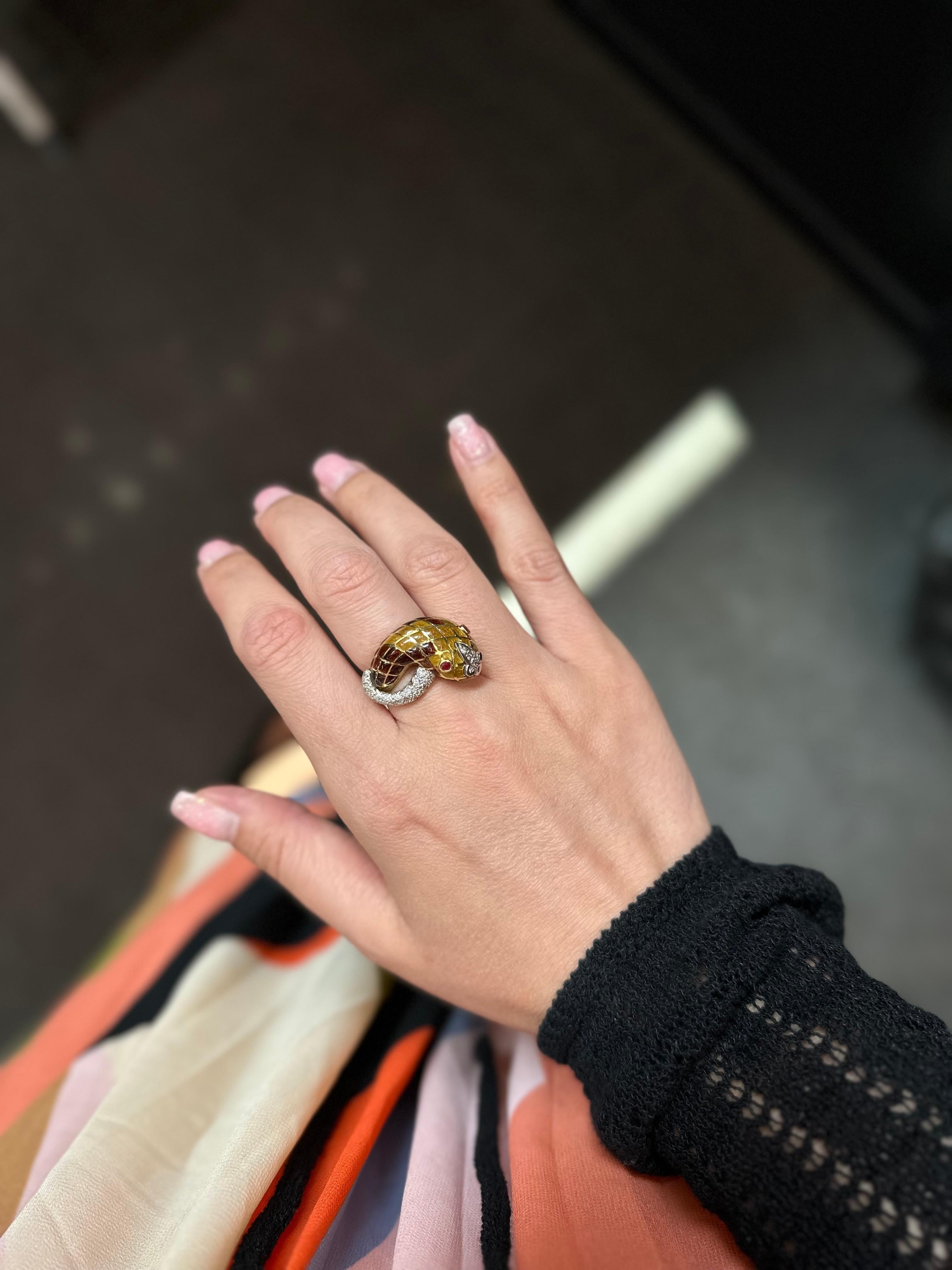 David Webb 18K Yellow Gold Enamel Diamond Snake Serpent Ring For Sale 3