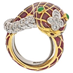 Vintage David Webb Platinum & 18K Yellow Gold Brown Enamel Diamond Snake Ring