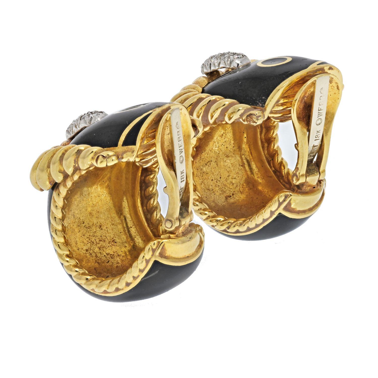 Modern David Webb Platinum & 18K Yellow Gold Buckle Black Enamel Diamond Earrings For Sale