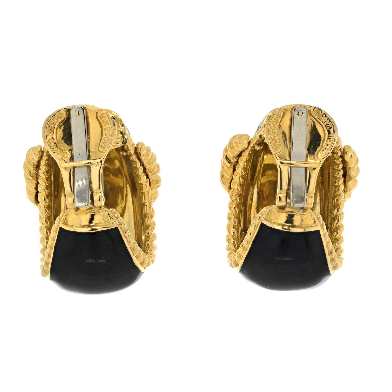 Modern David Webb Platinum & 18K Yellow Gold Buckle Diamond Black Enamel Earrings For Sale