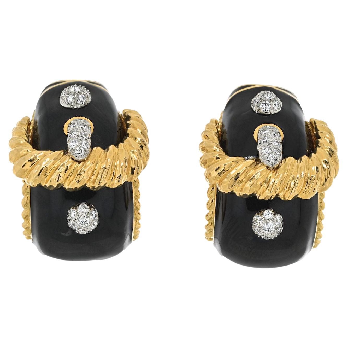 David Webb Platinum & 18K Yellow Gold Buckle Diamond Black Enamel Earrings For Sale