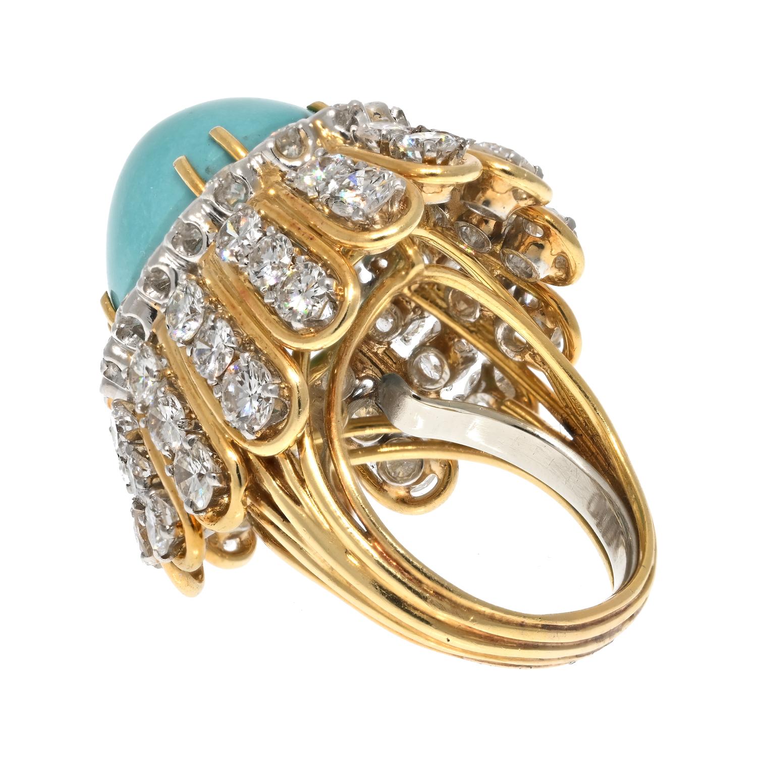 David Webb Platinum & 18K Yellow Gold Cabochon Cut Turquoise And Diamond Ring In Excellent Condition In New York, NY