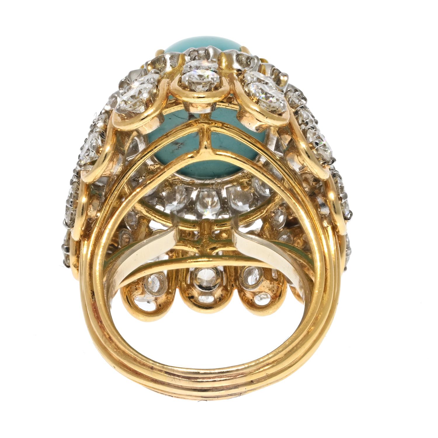 Women's David Webb Platinum & 18K Yellow Gold Cabochon Cut Turquoise And Diamond Ring