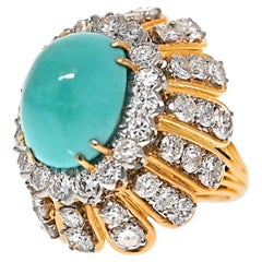 David Webb Platinum & 18K Yellow Gold Cabochon Cut Turquoise And Diamond Ring