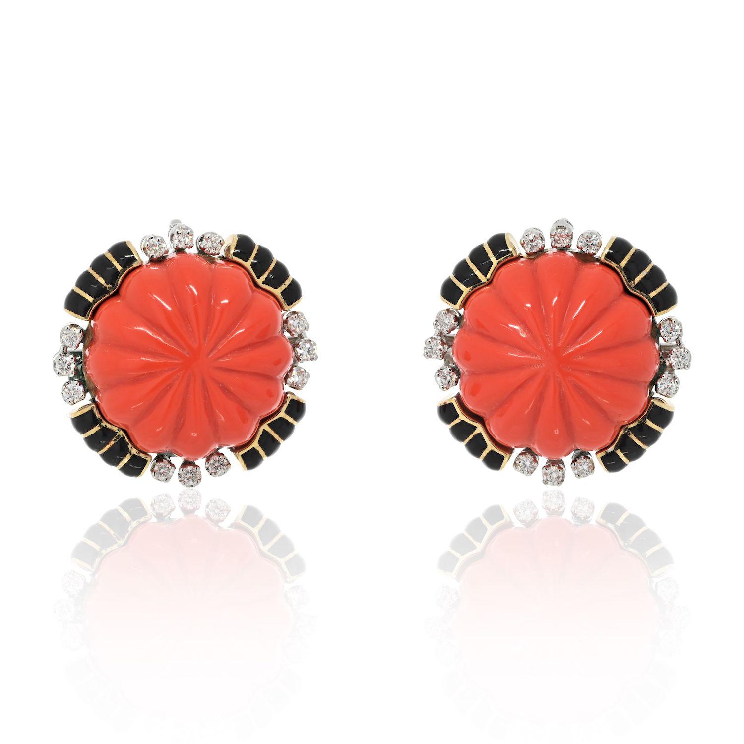 Round Cut David Webb Platinum & 18K Yellow Gold Carved Coral Bombe Diamond Earrings For Sale