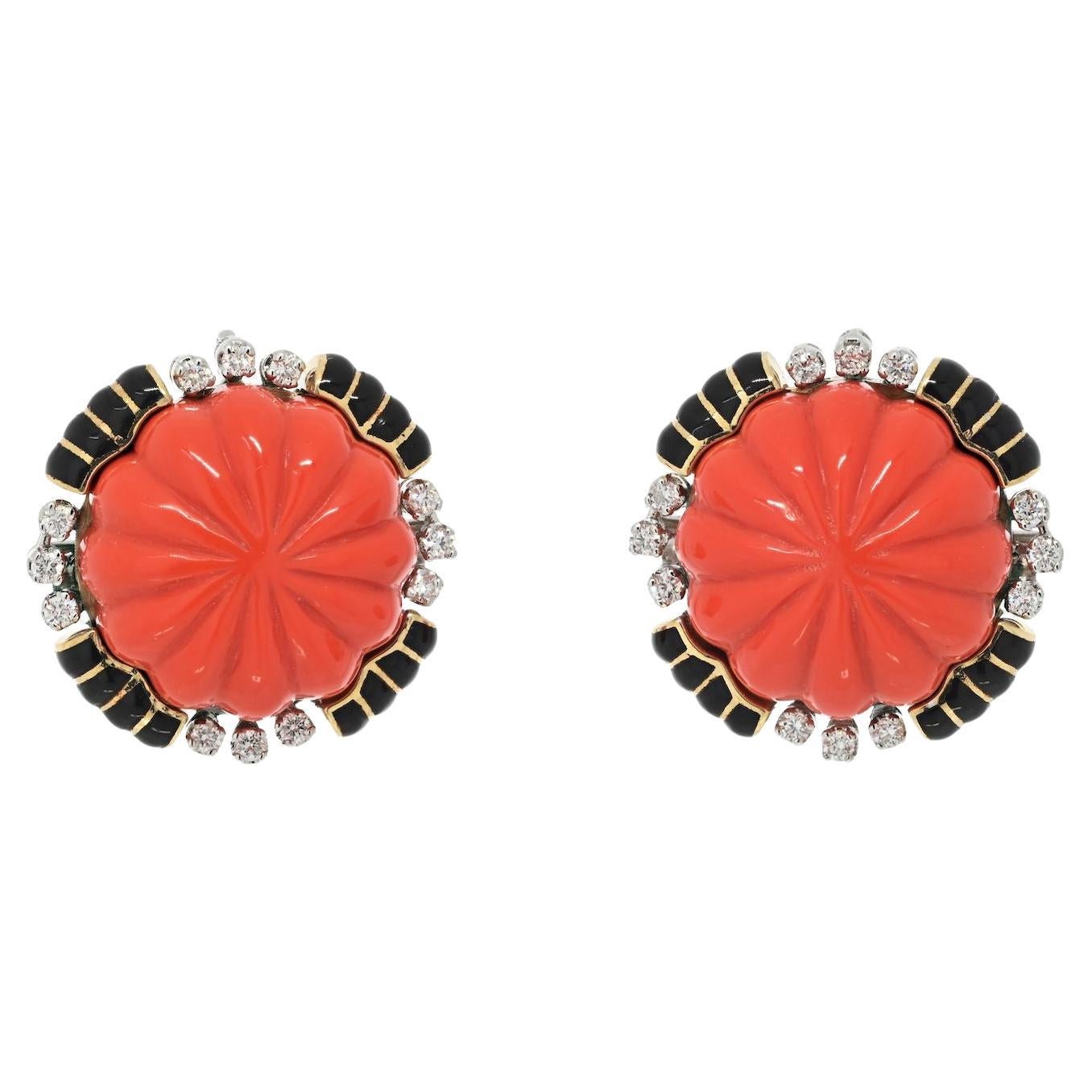 David Webb Platinum & 18K Yellow Gold Carved Coral Bombe Diamond Earrings For Sale