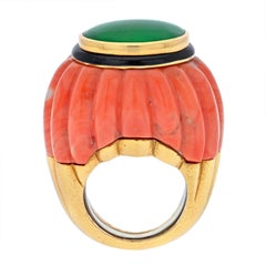 David Webb Platinum & 18K Yellow Gold Carved Coral, Jade and Black Enamel Ring