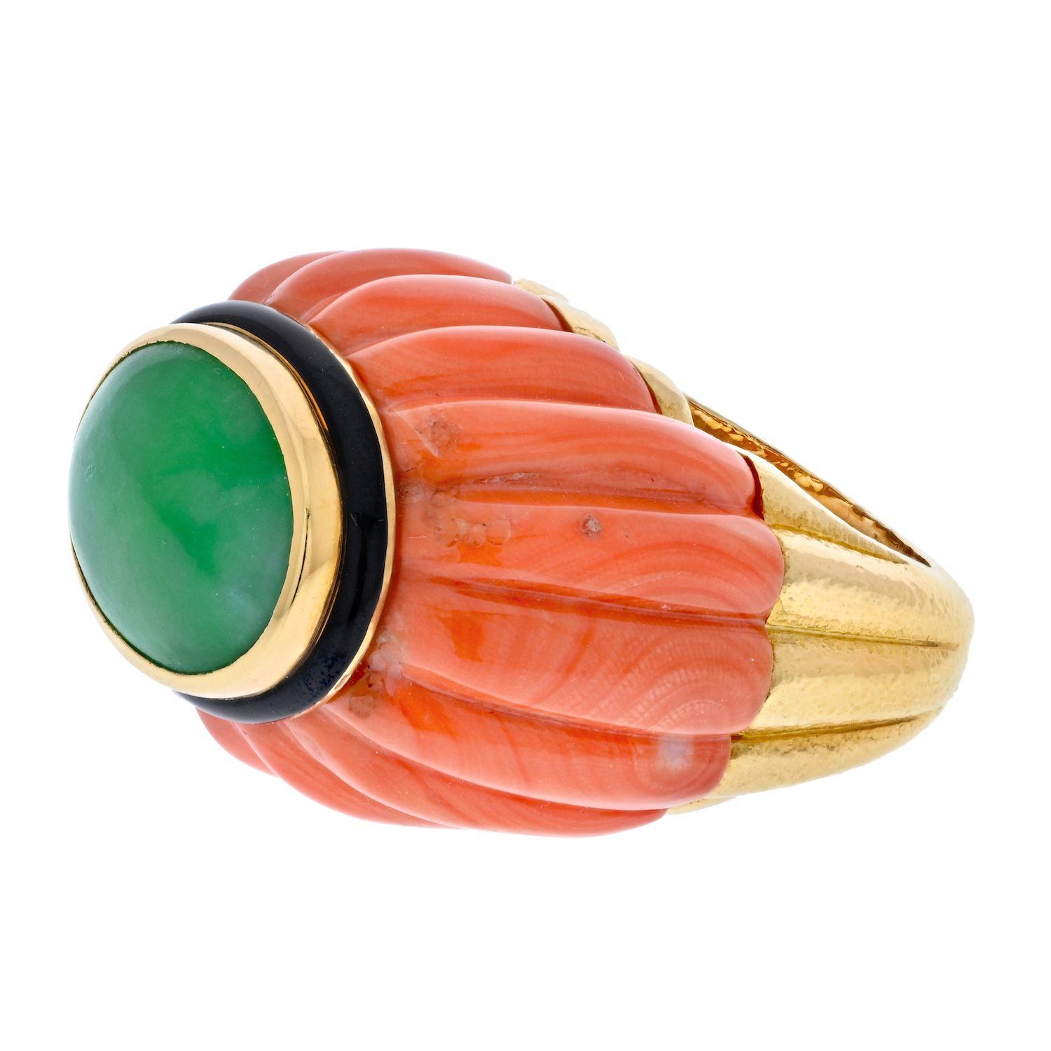 Women's David Webb Platinum & 18K Yellow Gold Carved Coral, Jade and Black Enamel Ring For Sale