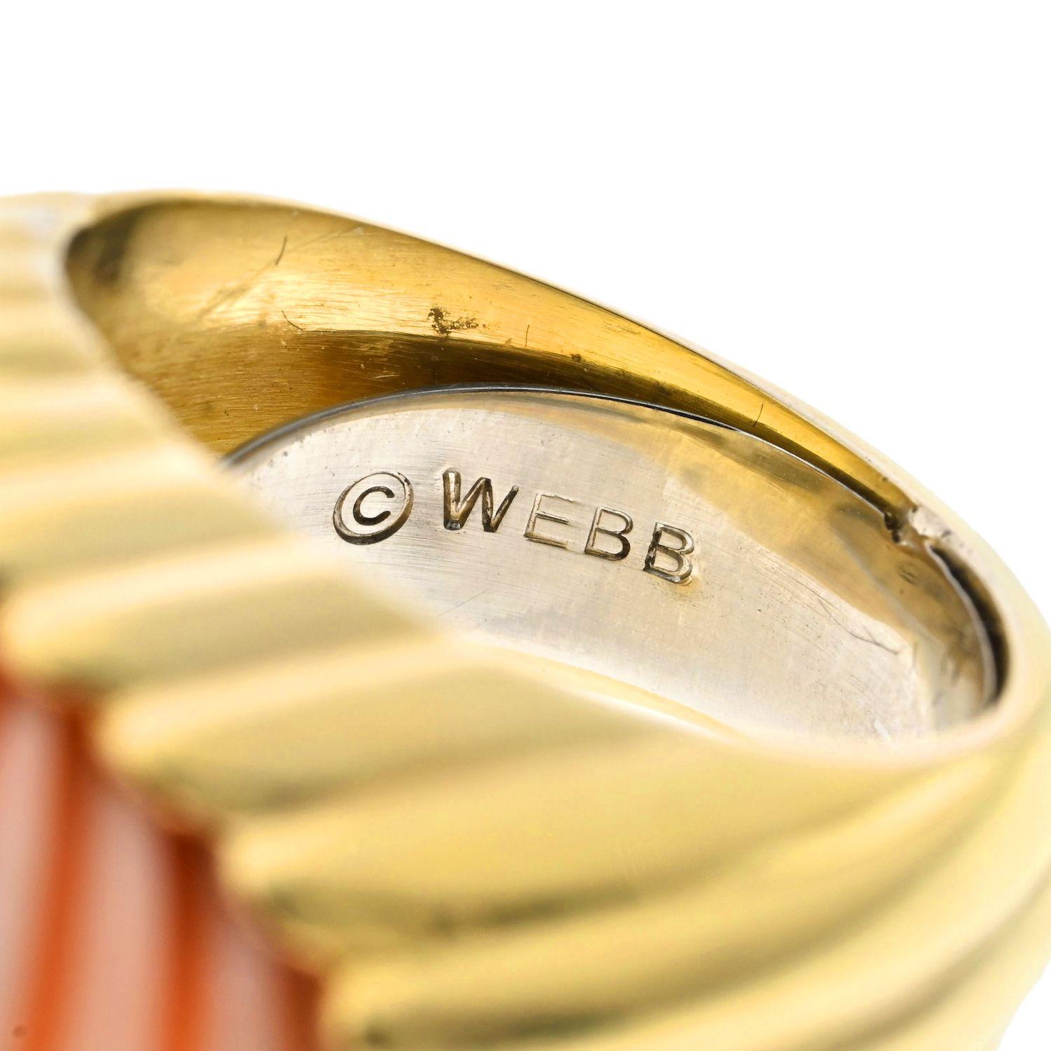 Modern David Webb Platinum & 18K Yellow Gold Carved Coral Ring For Sale