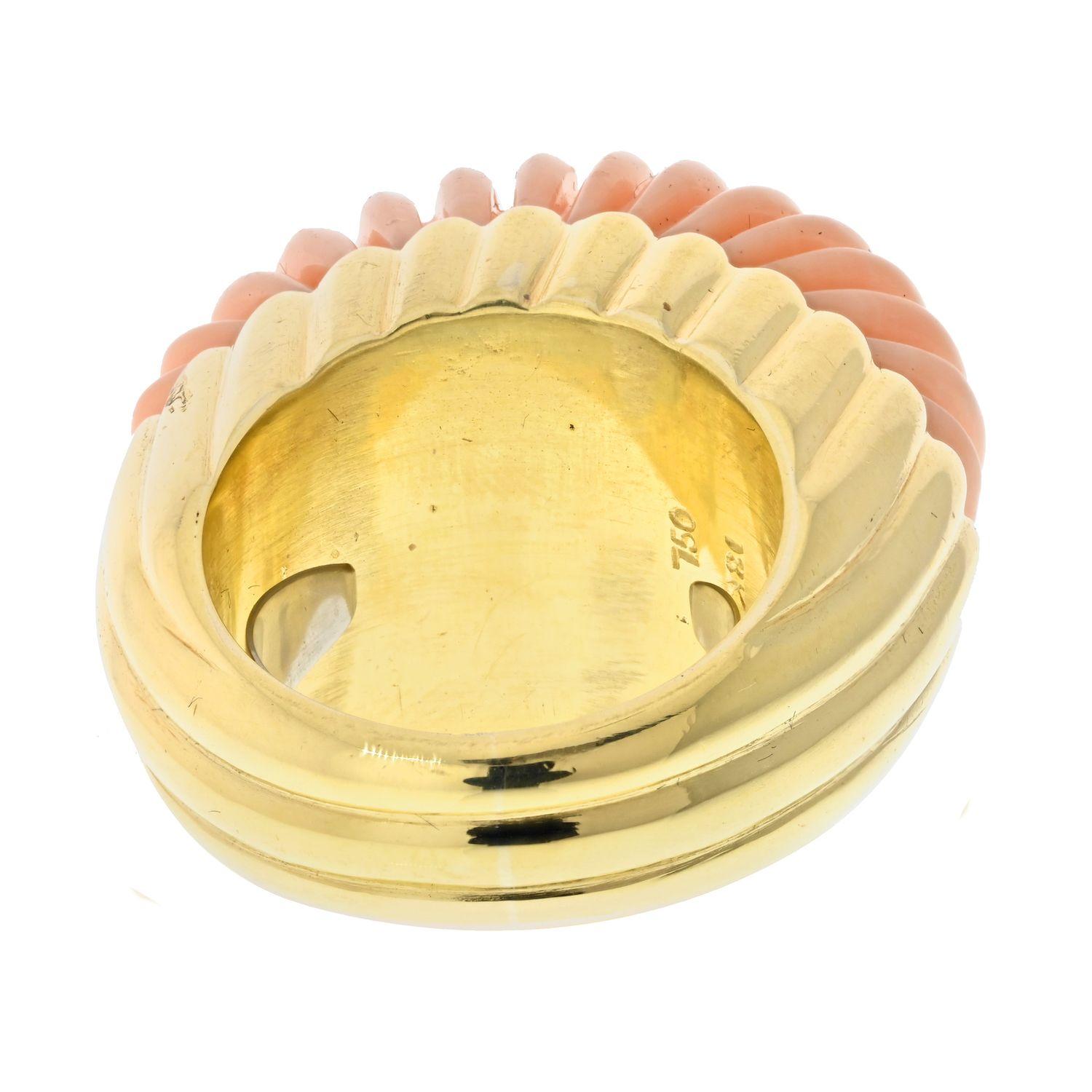 Uncut David Webb Platinum & 18K Yellow Gold Carved Coral Ring For Sale