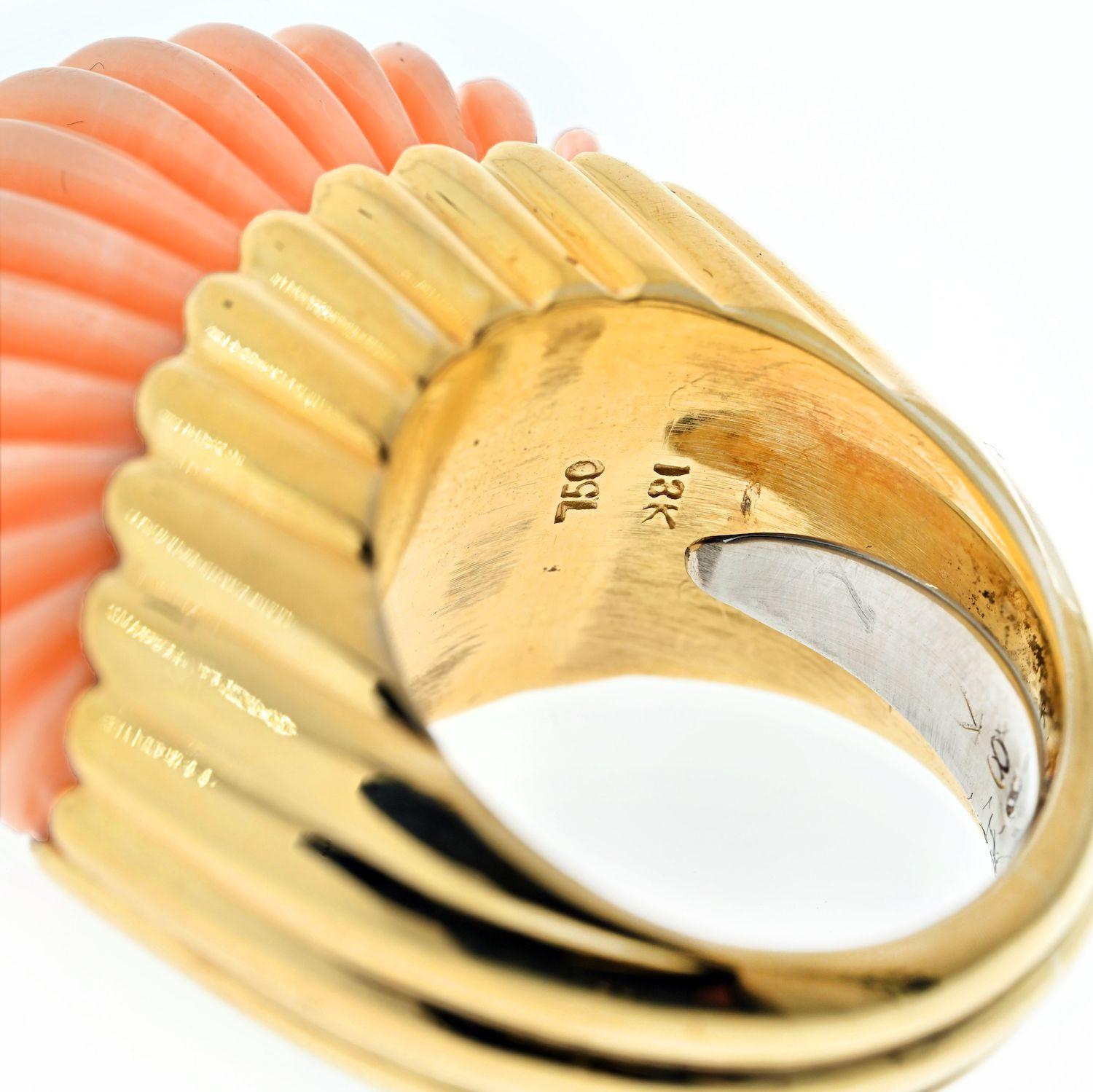David Webb Platinum & 18K Yellow Gold Carved Coral Ring In Excellent Condition For Sale In New York, NY