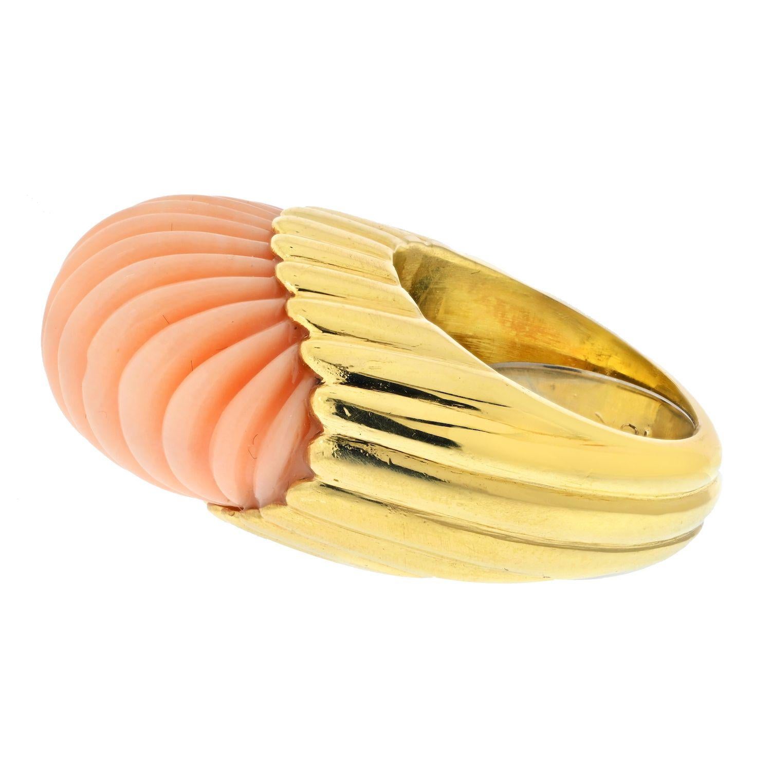 Women's David Webb Platinum & 18K Yellow Gold Carved Coral Ring For Sale