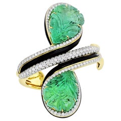 David Webb Platinum, 18K Yellow Gold Carved Emerald and Diamond Cuff Bracelet