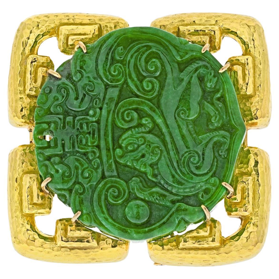 David Webb Platinum & 18K Yellow Gold Carved Jade Pendant and Brooch For Sale