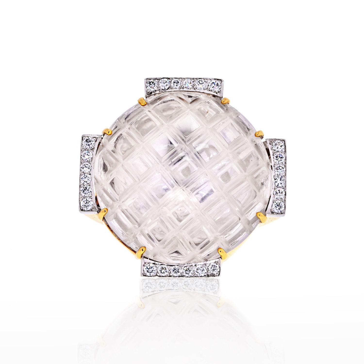 Ottagono David Webb - Anello in platino e oro giallo 18 carati con diamanti e cristalli di rocca a scacchiera in vendita