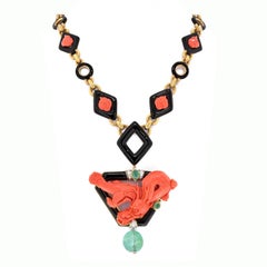 David Webb Platinum & 18K Yellow Gold Coral Dragon Carved Green Emerald Necklace