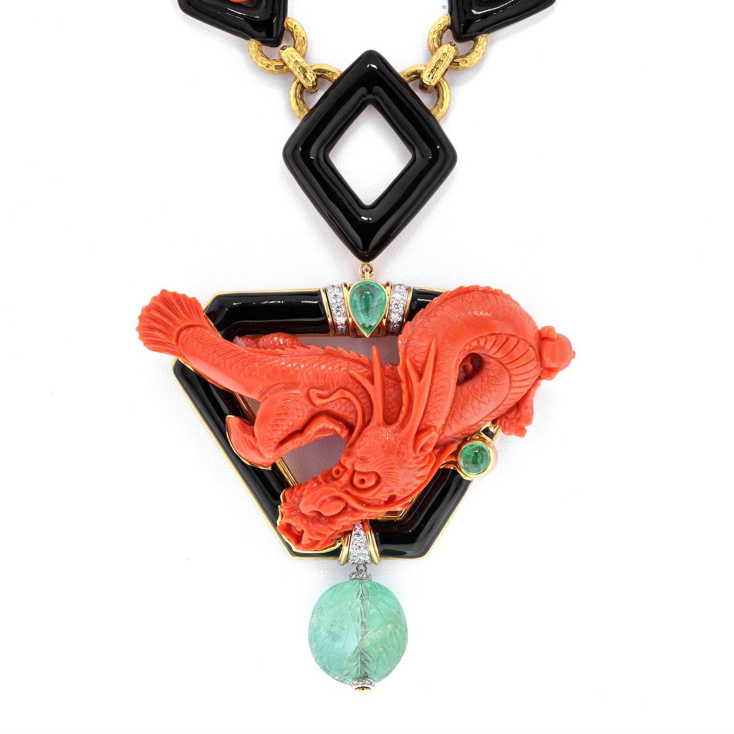 Rose Cut David Webb Platinum & 18K Yellow Gold Coral Dragon Carved Green Emerald Necklace For Sale