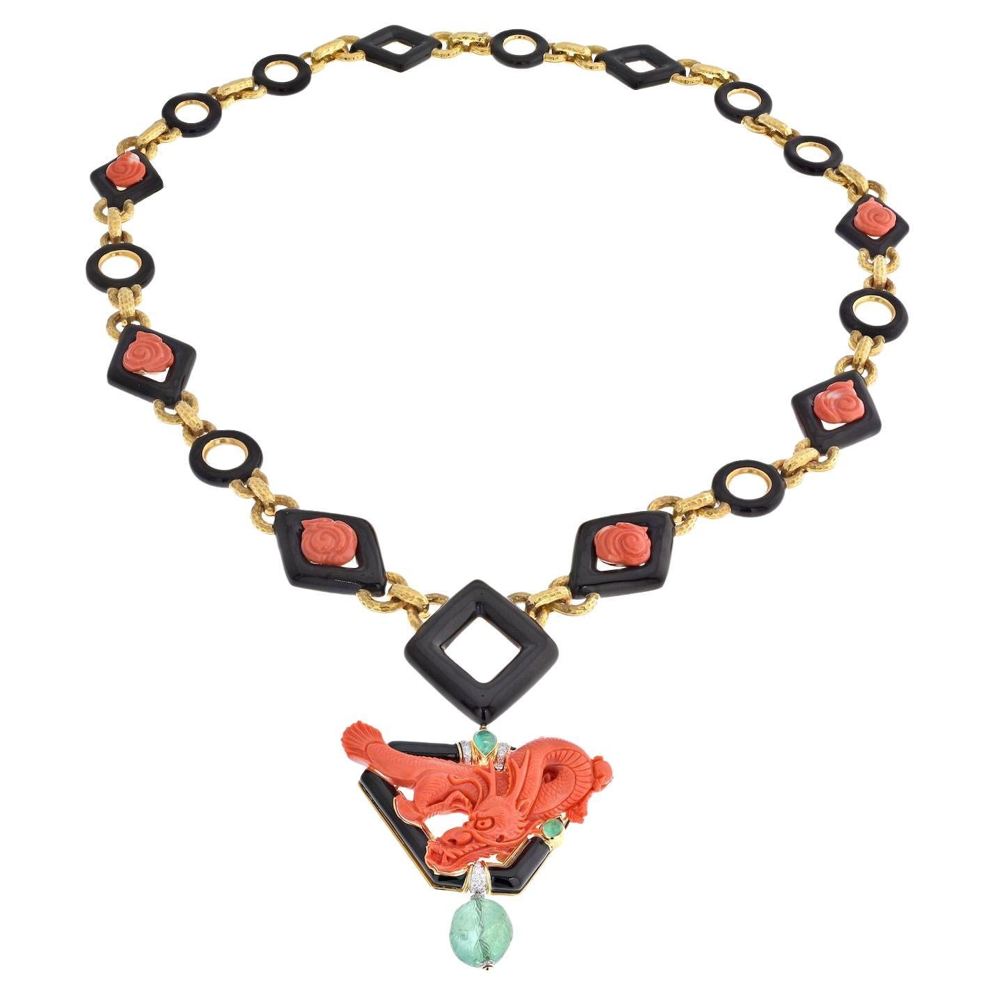 David Webb Platinum & 18K Yellow Gold Coral Dragon Carved Green Emerald Necklace For Sale