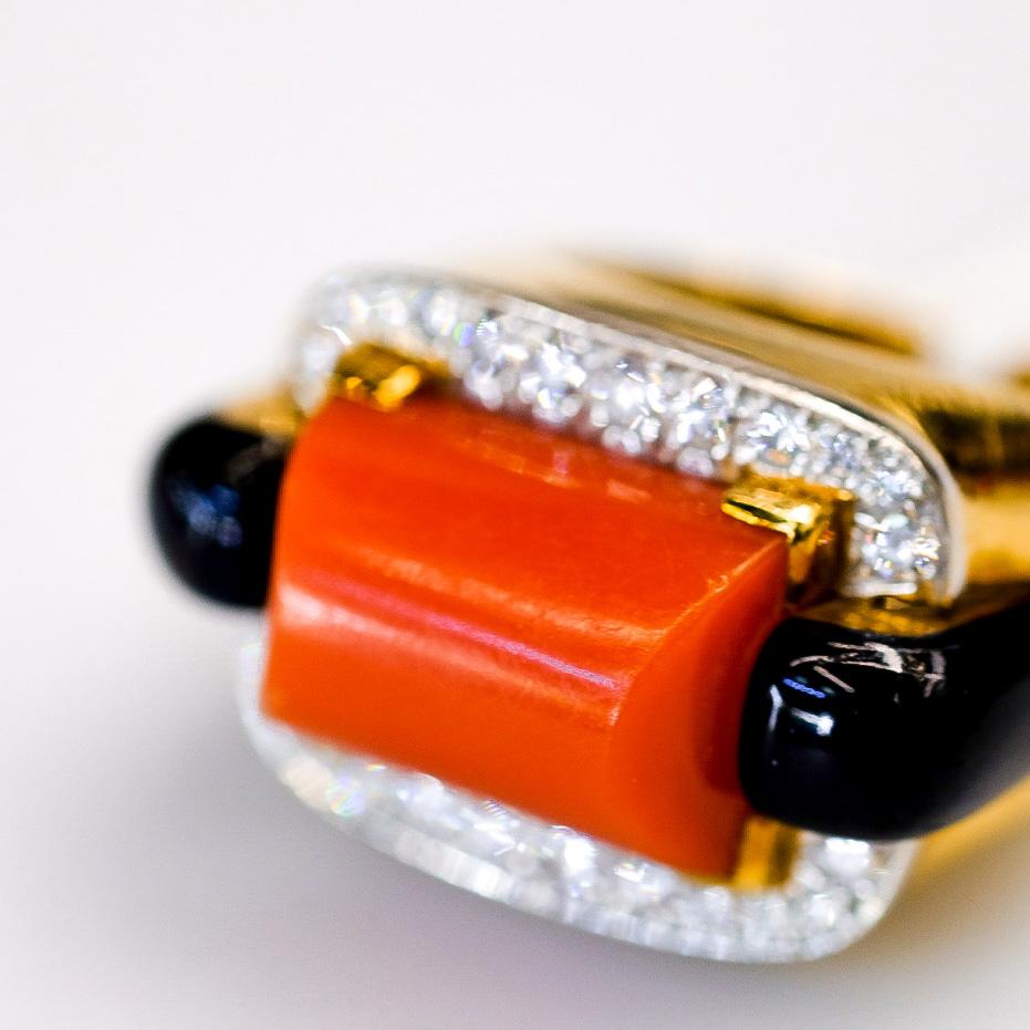 Women's David Webb Platinum & 18K Yellow Gold Coral, Onyx And Diamond Cocktail Ring For Sale
