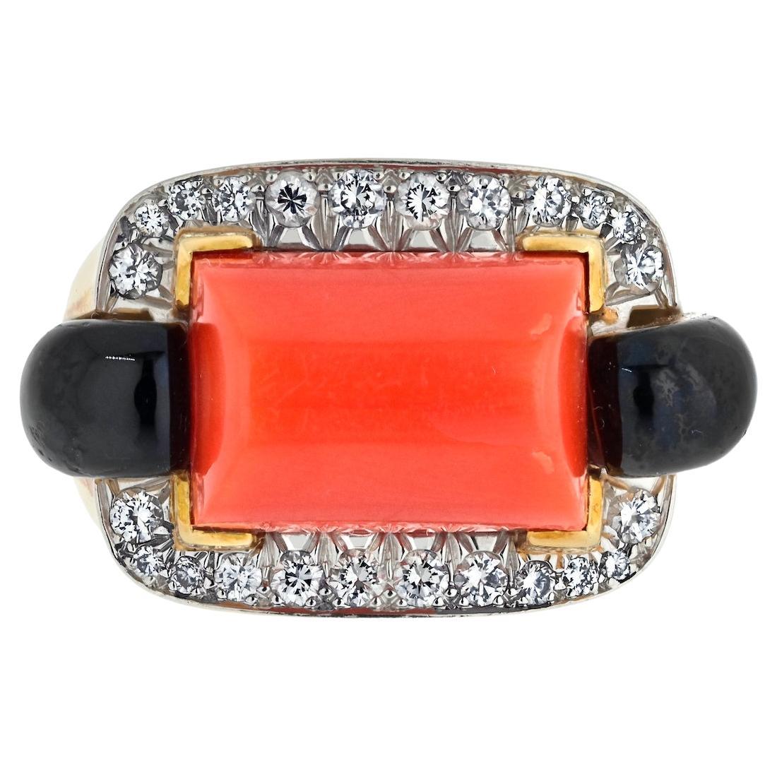 David Webb Platinum & 18K Yellow Gold Coral, Onyx And Diamond Cocktail Ring For Sale