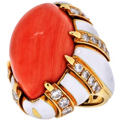 David Webb Platinum & 18K Yellow Gold Coral, White Enamel, Bombe Diamond Ring