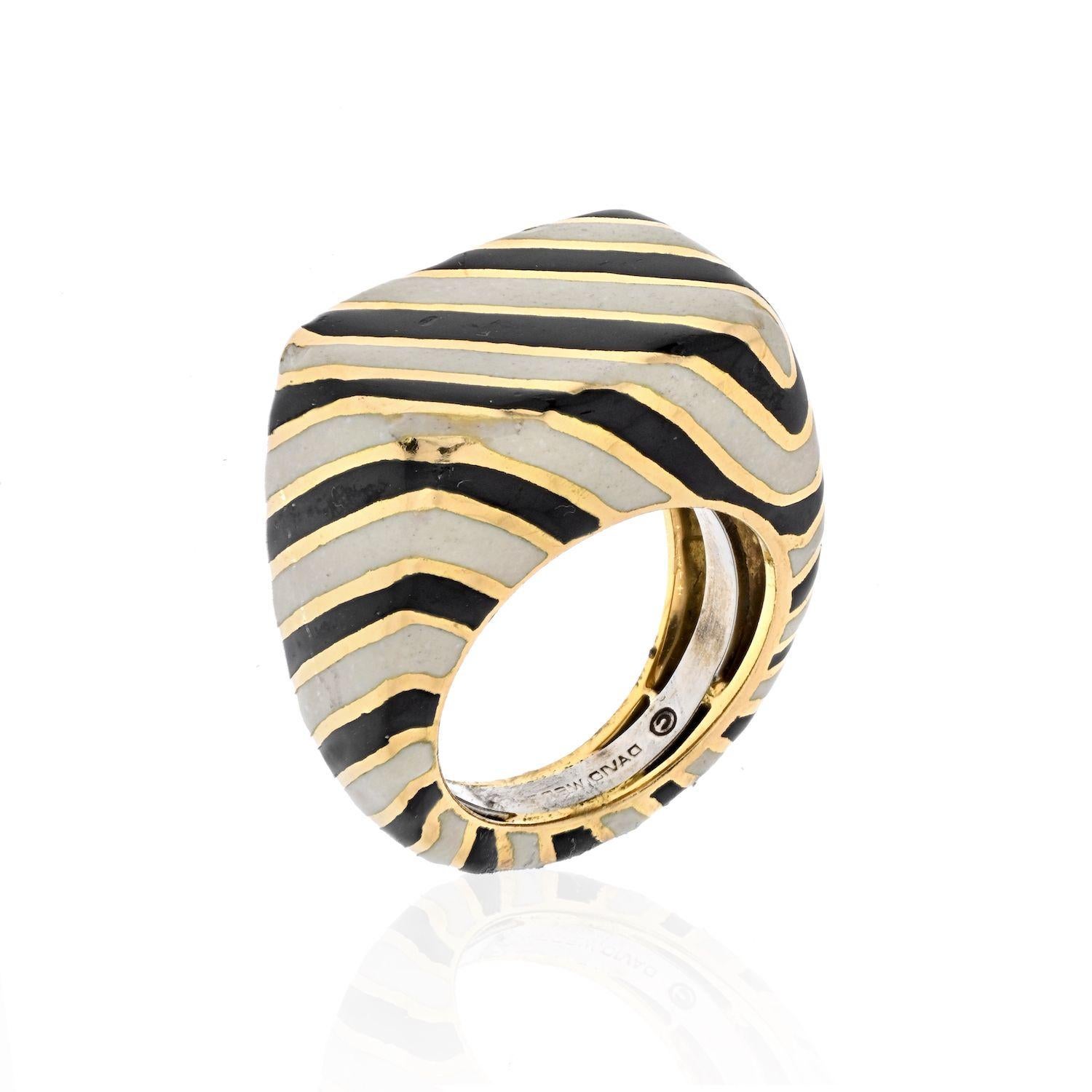 Modern David Webb Platinum & 18K Yellow Gold Crosswalk Black and White Enamel Ring
