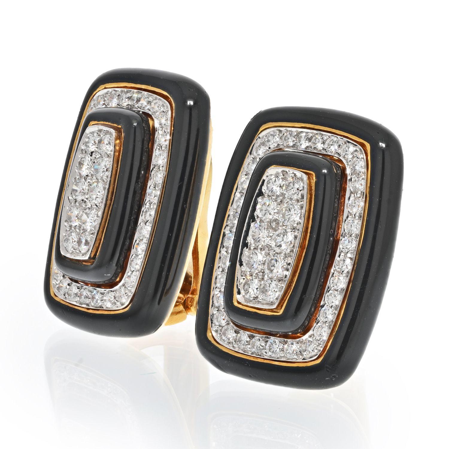 Modern David Webb Platinum & 18K Yellow Gold Diamond and Black Enamel Clip on Earrings For Sale