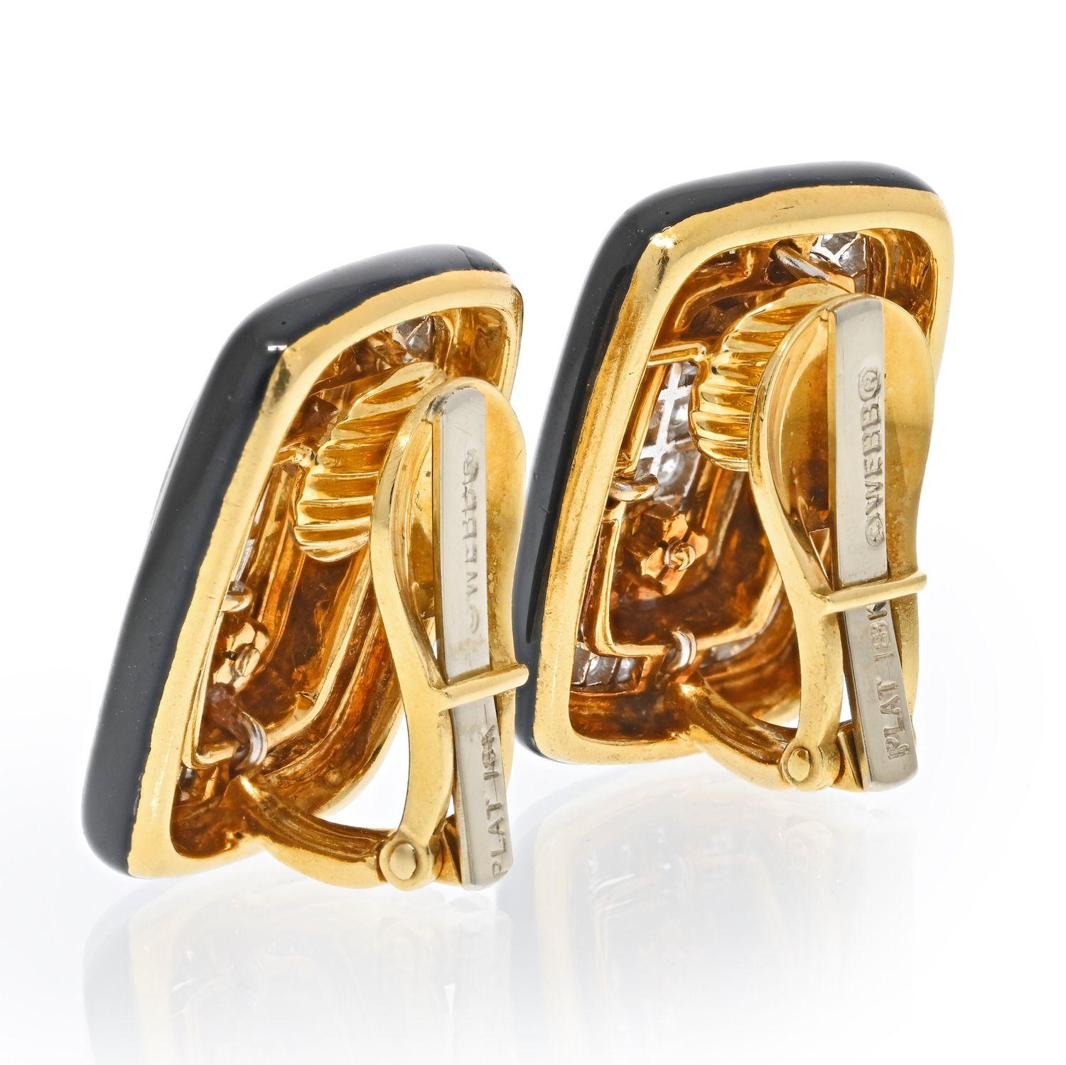 Round Cut David Webb Platinum & 18K Yellow Gold Diamond and Black Enamel Clip on Earrings For Sale
