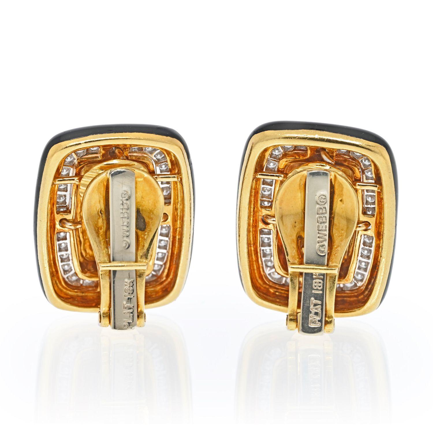David Webb Platinum & 18K Yellow Gold Diamond and Black Enamel Clip on Earrings In Excellent Condition For Sale In New York, NY
