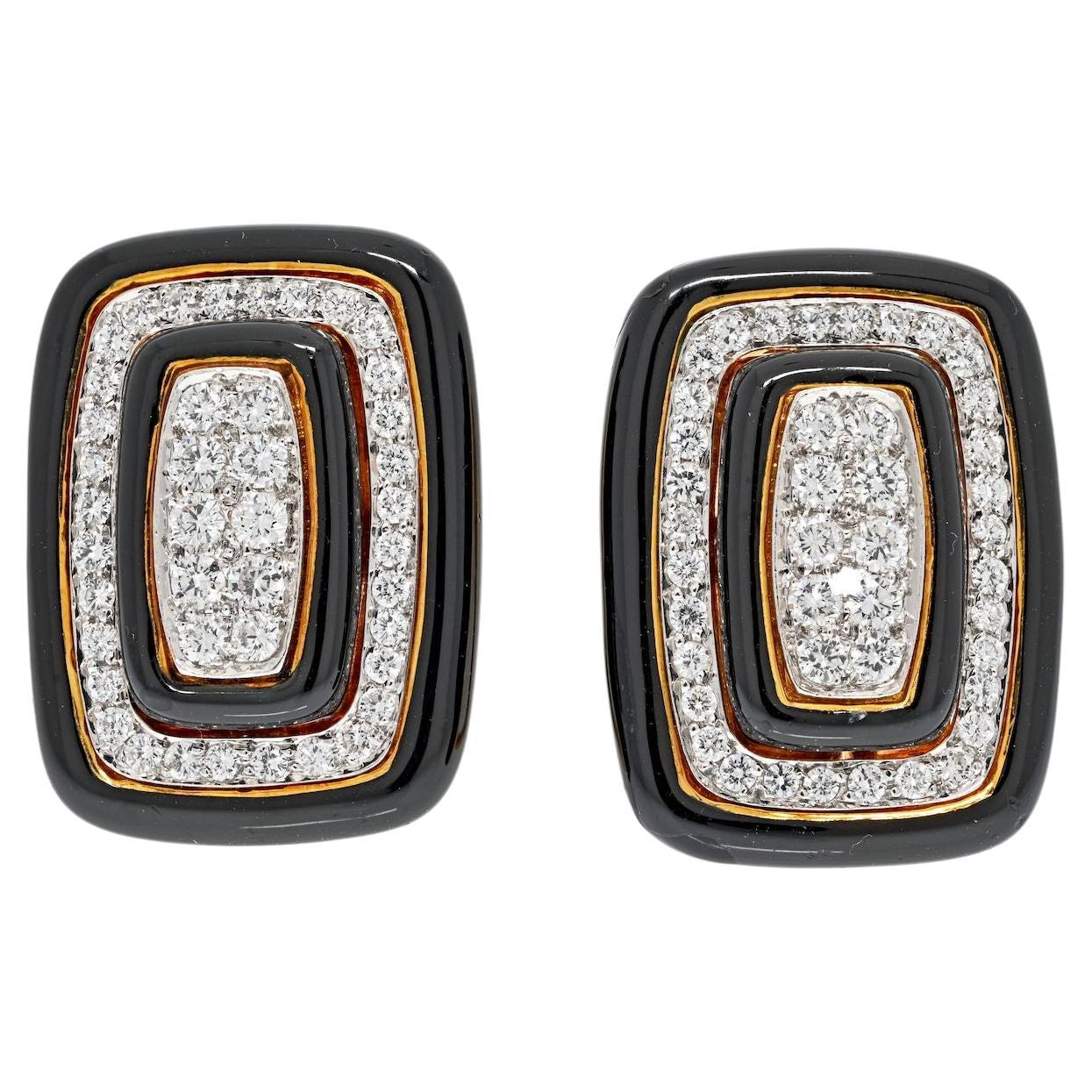 David Webb Platinum & 18K Yellow Gold Diamond and Black Enamel Clip on Earrings For Sale