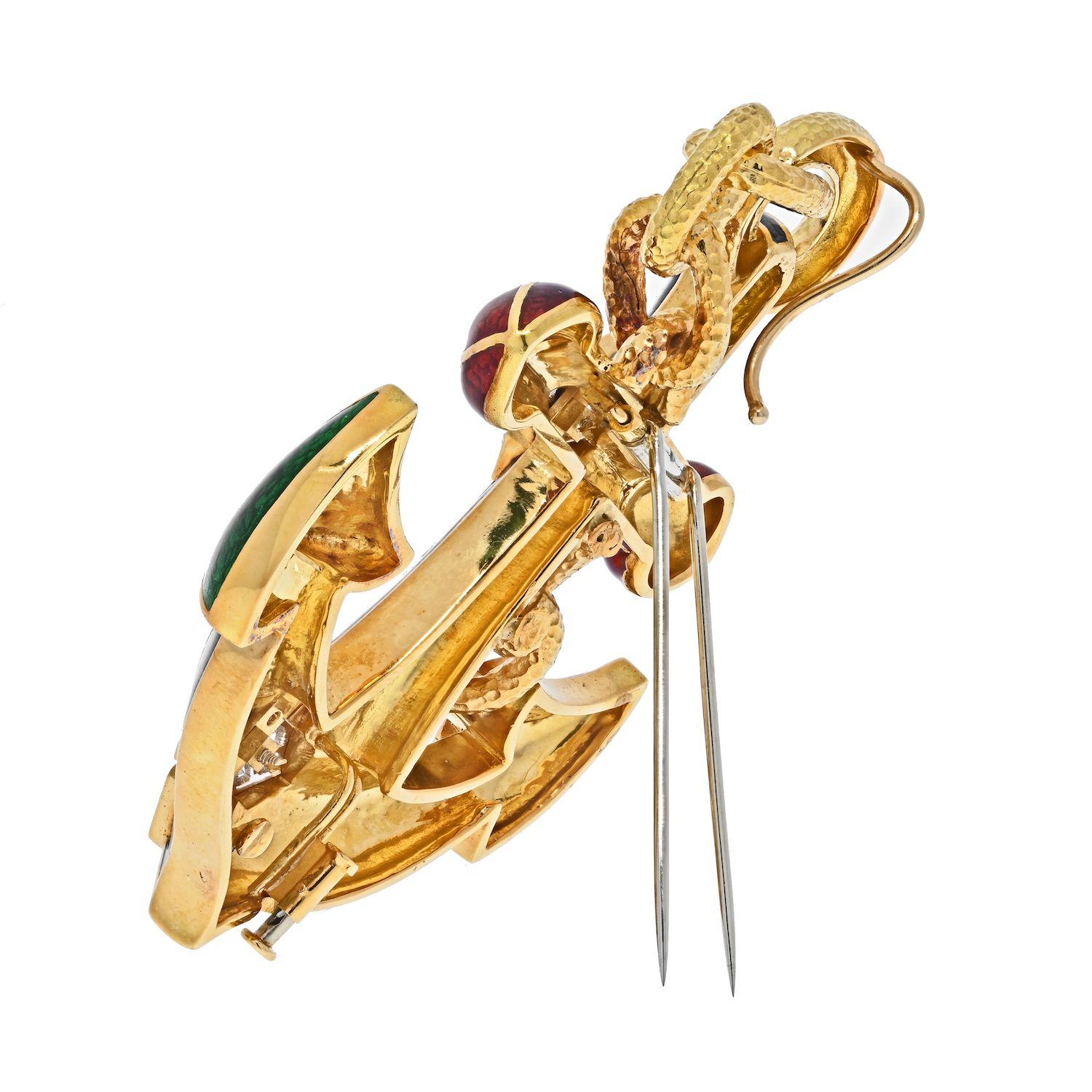 Moderne David Webb Broche pendentif ancre en platine, or jaune 18 carats, diamants et émail en vente