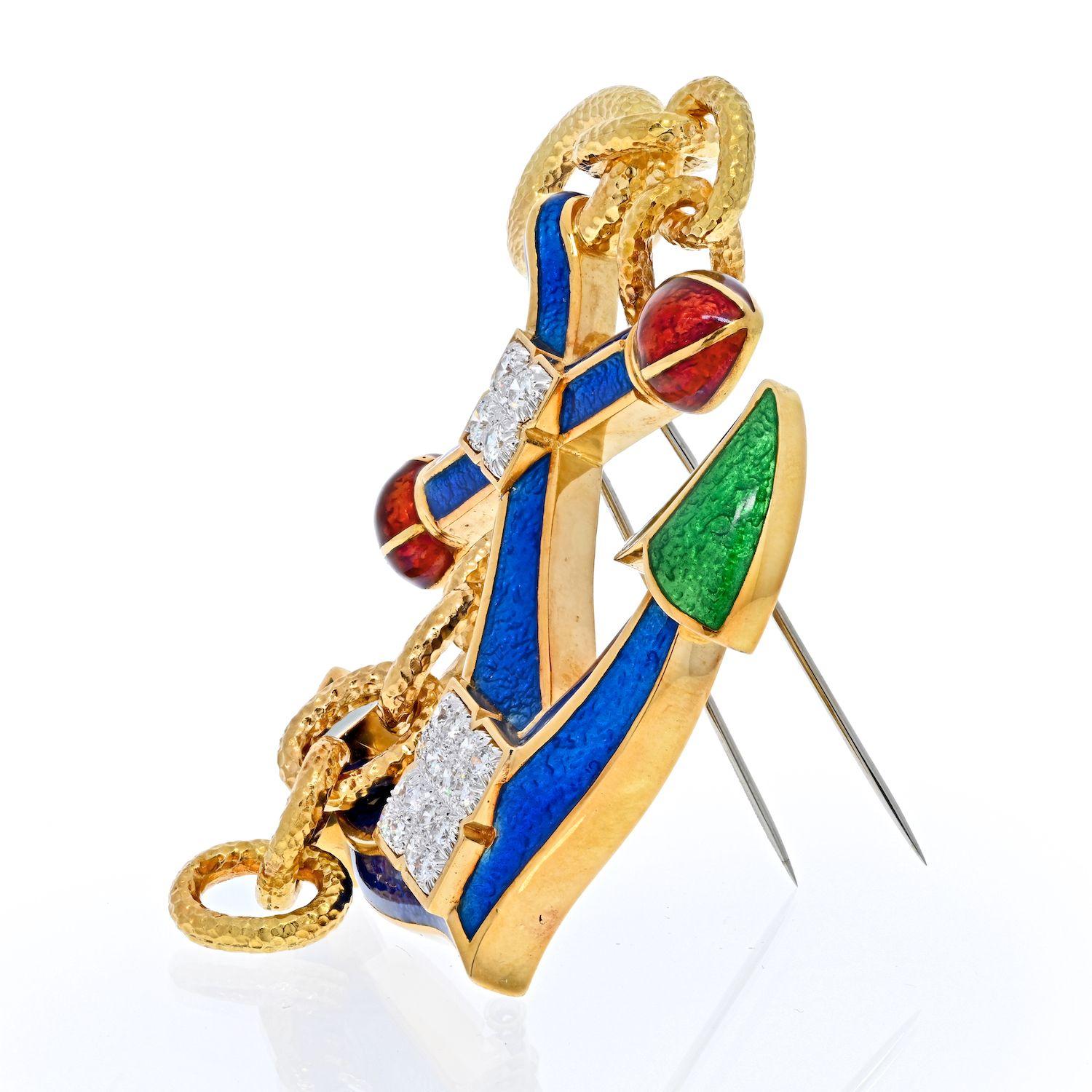Modern David Webb Platinum & 18K Yellow Gold Diamond and Enamel Anchor Pendant Brooch For Sale