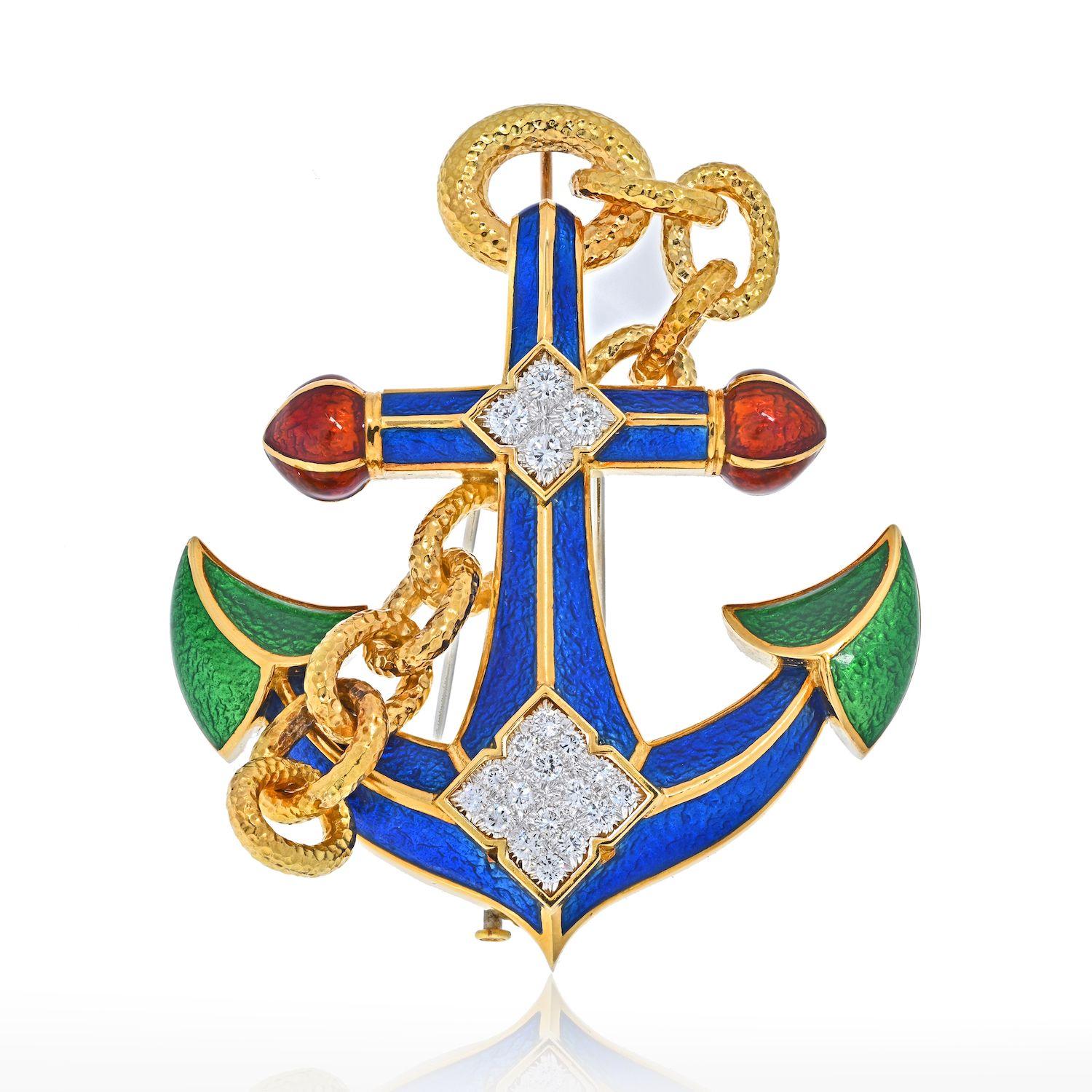 David Webb Platinum & 18K Yellow Gold Diamond and Enamel Anchor Pendant Brooch In Excellent Condition For Sale In New York, NY