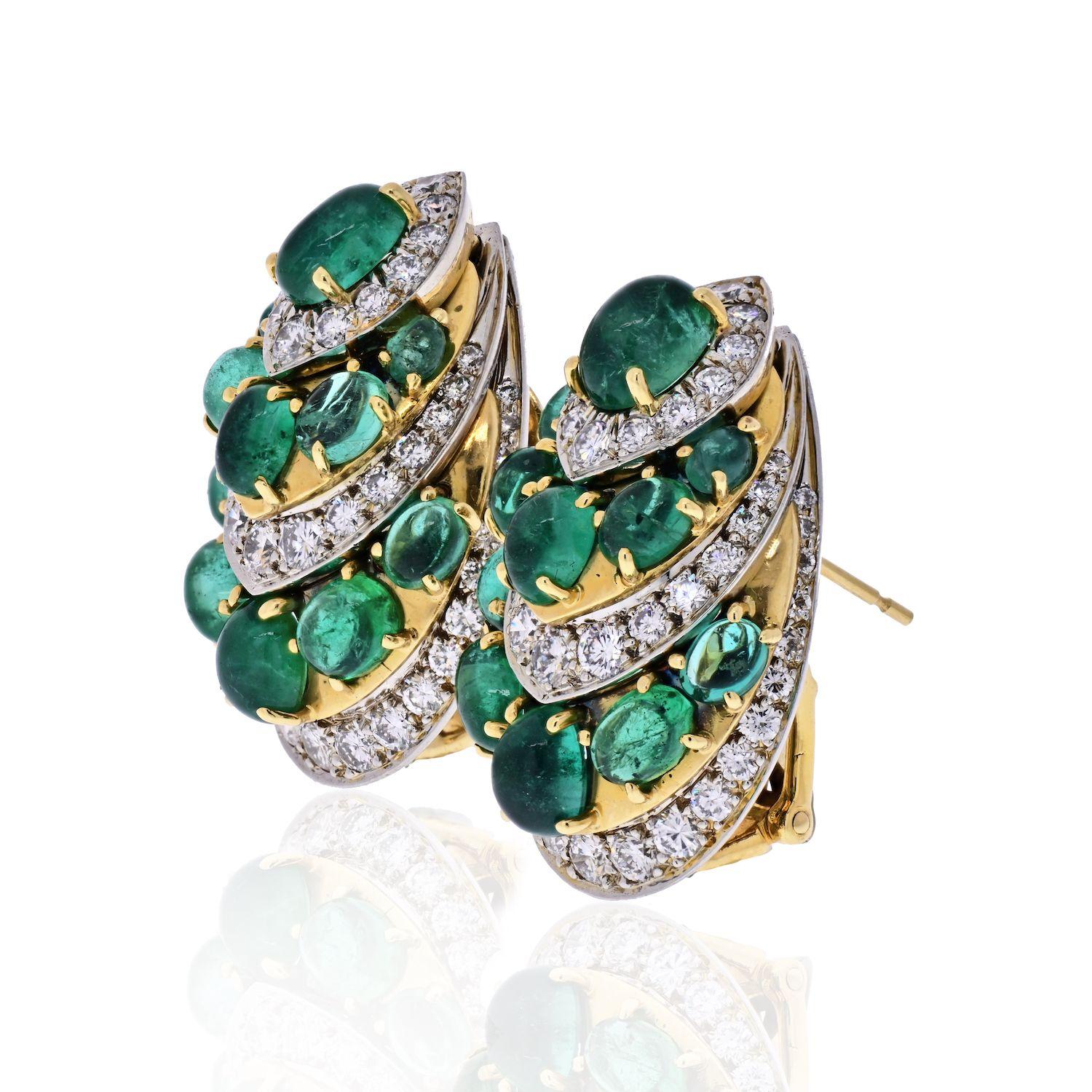 These beautiful earrings are crafted by David Webb and are truly special. We love the smooth cabochon finished green emeralds spaced with just a touch of round diamonds. Designed for pierced ears you can be certain these will stay secure on your