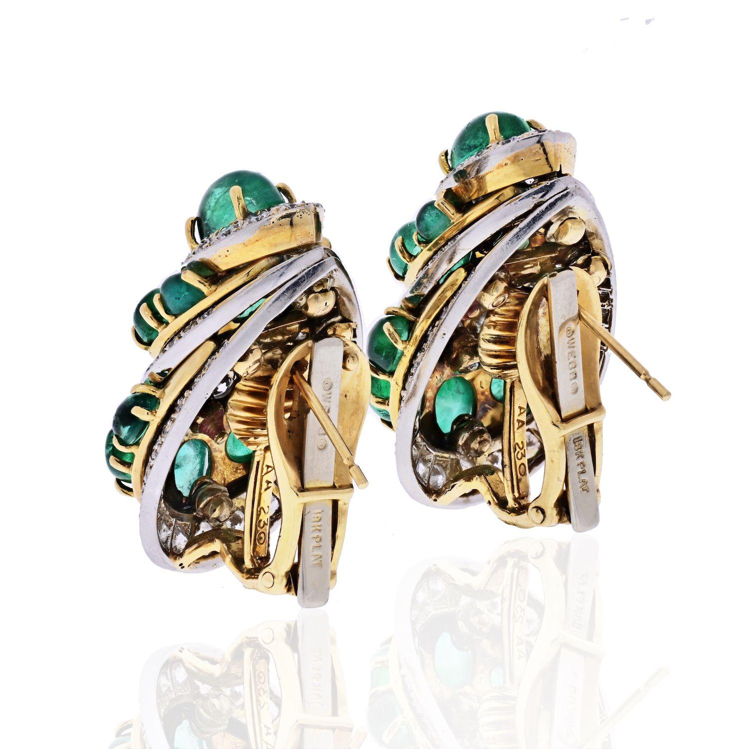 Modern David Webb Platinum and 18 Karat Yellow Gold Diamond and Green Emerald Earrings For Sale