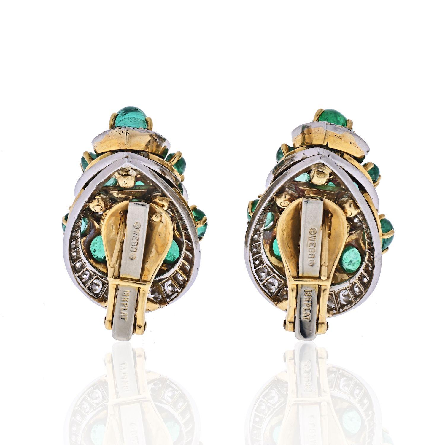 Emerald Cut David Webb Platinum and 18 Karat Yellow Gold Diamond and Green Emerald Earrings For Sale