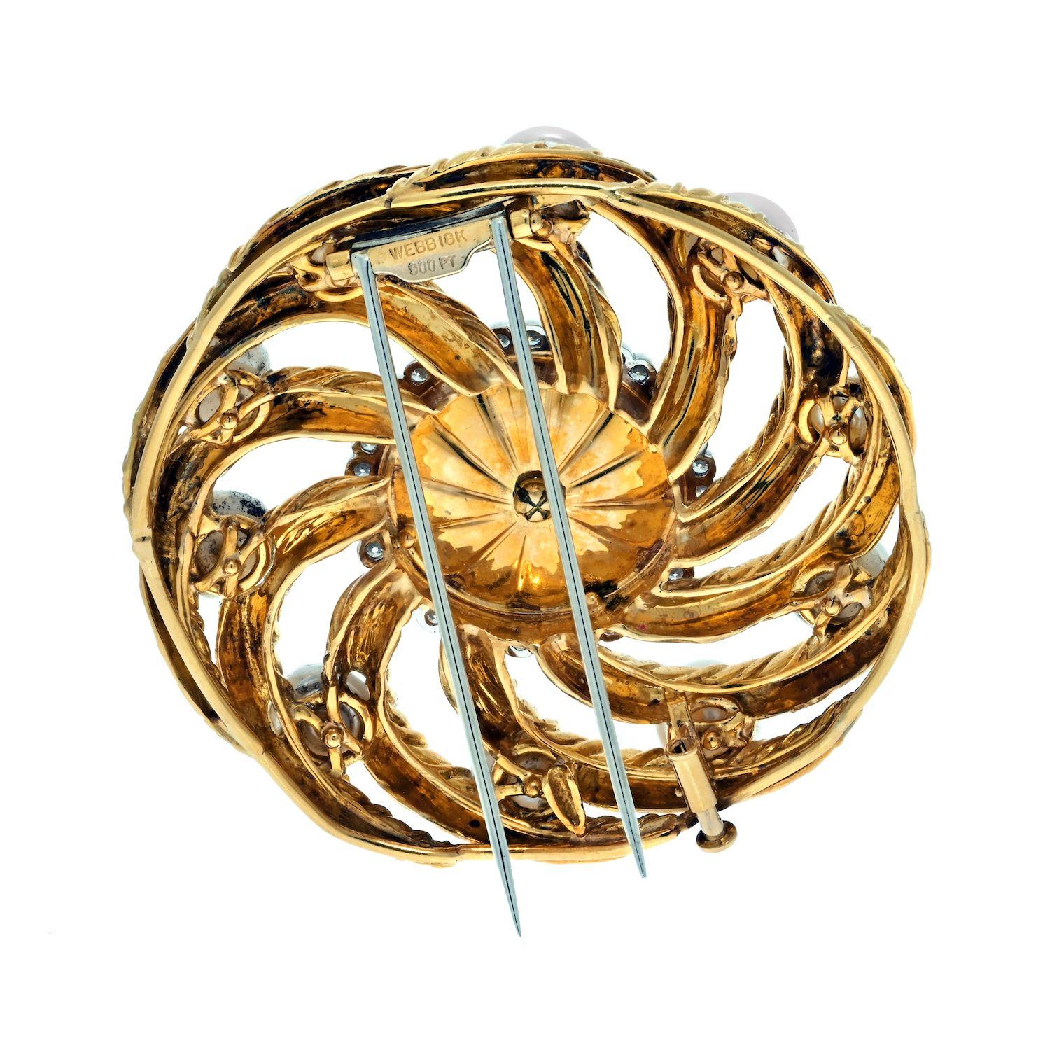 Moderne David Webb Broche circulaire ajourée en platine, or jaune 18 carats, diamants et perles