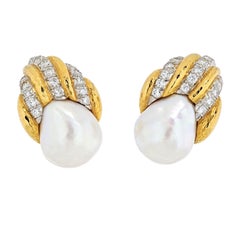 Vintage David Webb Platinum 
18K Yellow Gold Diamond and Pearl Clip Earrings