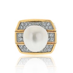 David Webb Platinum & 18K Yellow Gold Diamond And Pearl Cocktail Fashion Ring