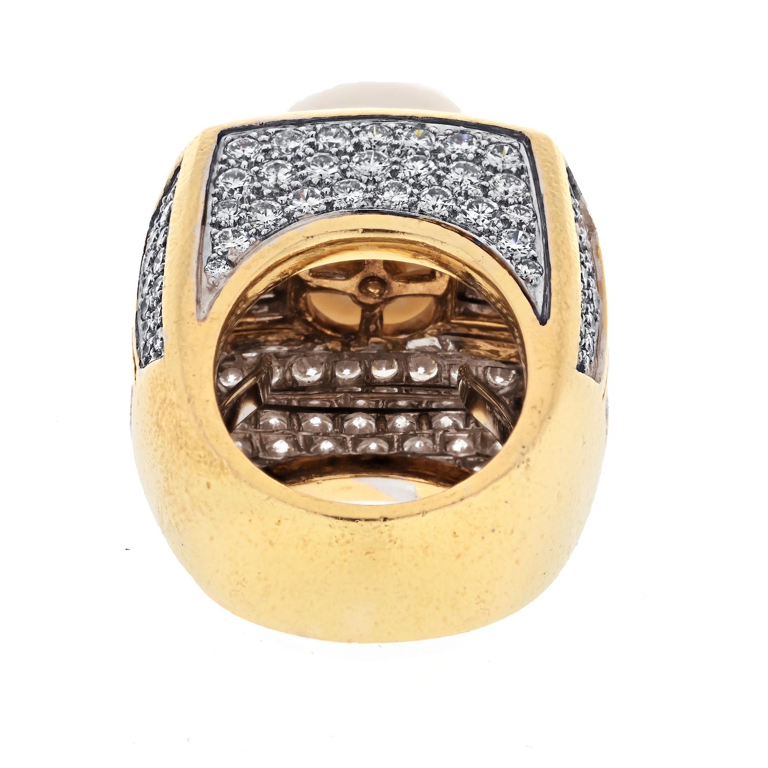 Modern David Webb Platinum & 18K Yellow Gold Diamond And Pearl Cocktail Fashion Ring For Sale