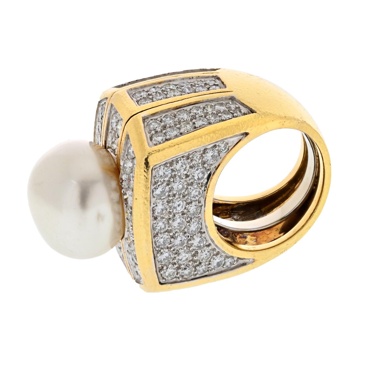 Round Cut David Webb Platinum & 18K Yellow Gold Diamond And Pearl Cocktail Fashion Ring For Sale