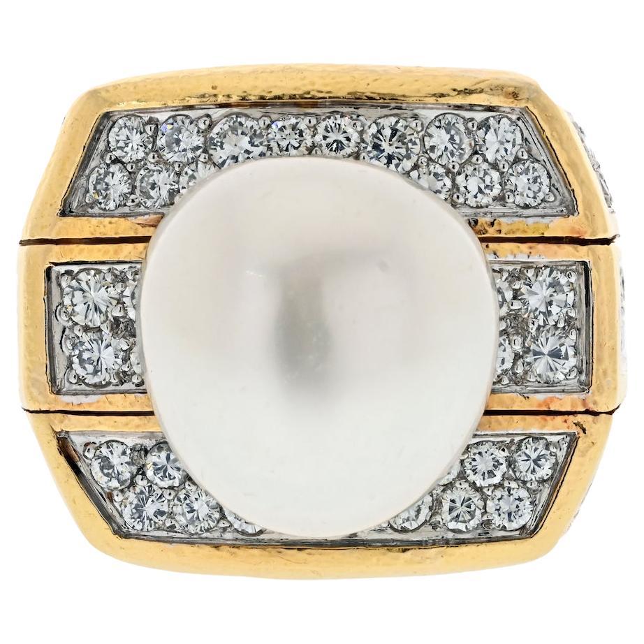 David Webb Platinum & 18K Yellow Gold Diamond And Pearl Cocktail Fashion Ring For Sale