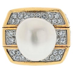 David Webb Platinum & 18K Yellow Gold Diamond And Pearl Cocktail Fashion Ring