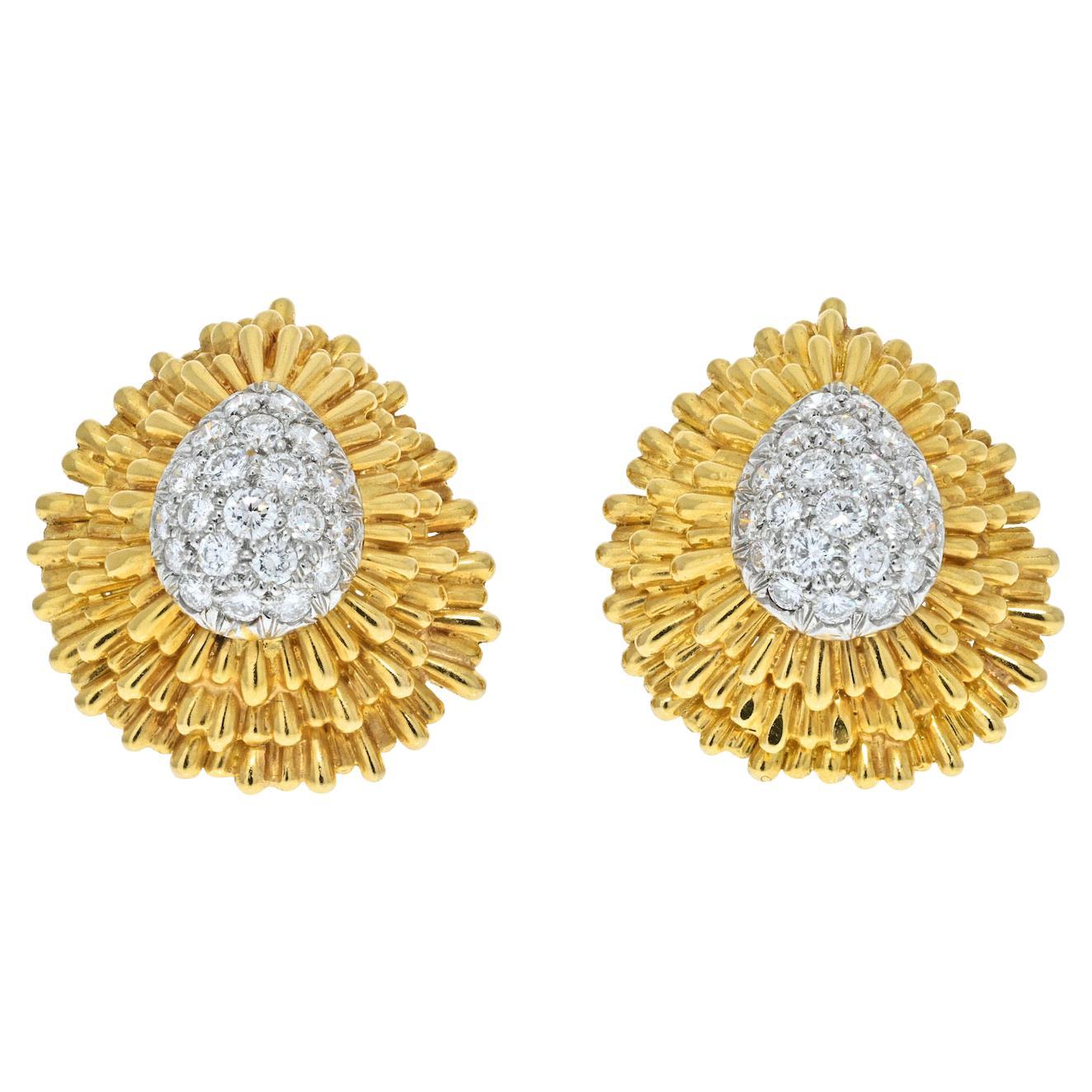 David Webb Platinum & 18K Yellow Gold Diamond Clip Earrings