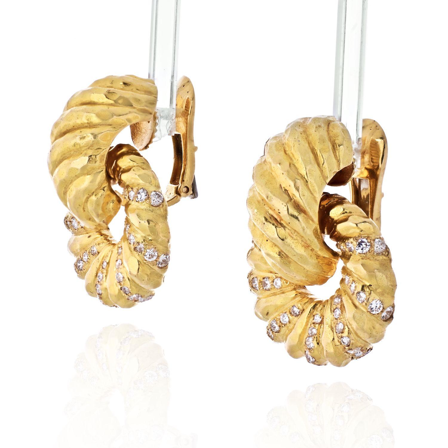 Styled as medium size yellow gold door knockers these ear clips are perfect for someone who enjoys gold with a little bit of parkle. Designed by David Webb, American estate jeweler, these style of earrings is as chic today as they were 50 years ago.