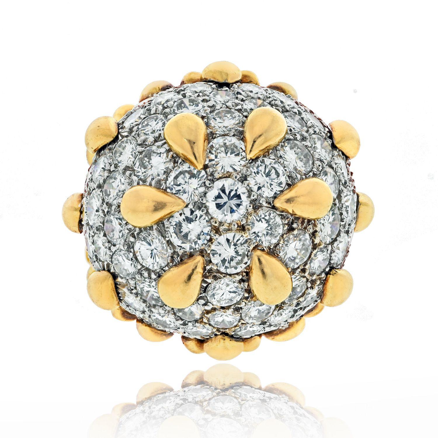 David Webb Platinum & 18K Yellow Gold Diamond Pave Dome Cocktail Ring In Excellent Condition For Sale In New York, NY