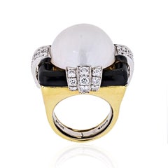 David Webb Platinum & 18K Yellow Gold Diamond, Pearl, Black Enamel Bombe Ring