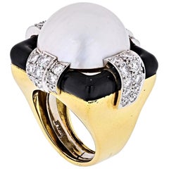 David Webb Platinum & 18K Yellow Gold Diamond, Pearl, Black Enamel Bombe Ring
