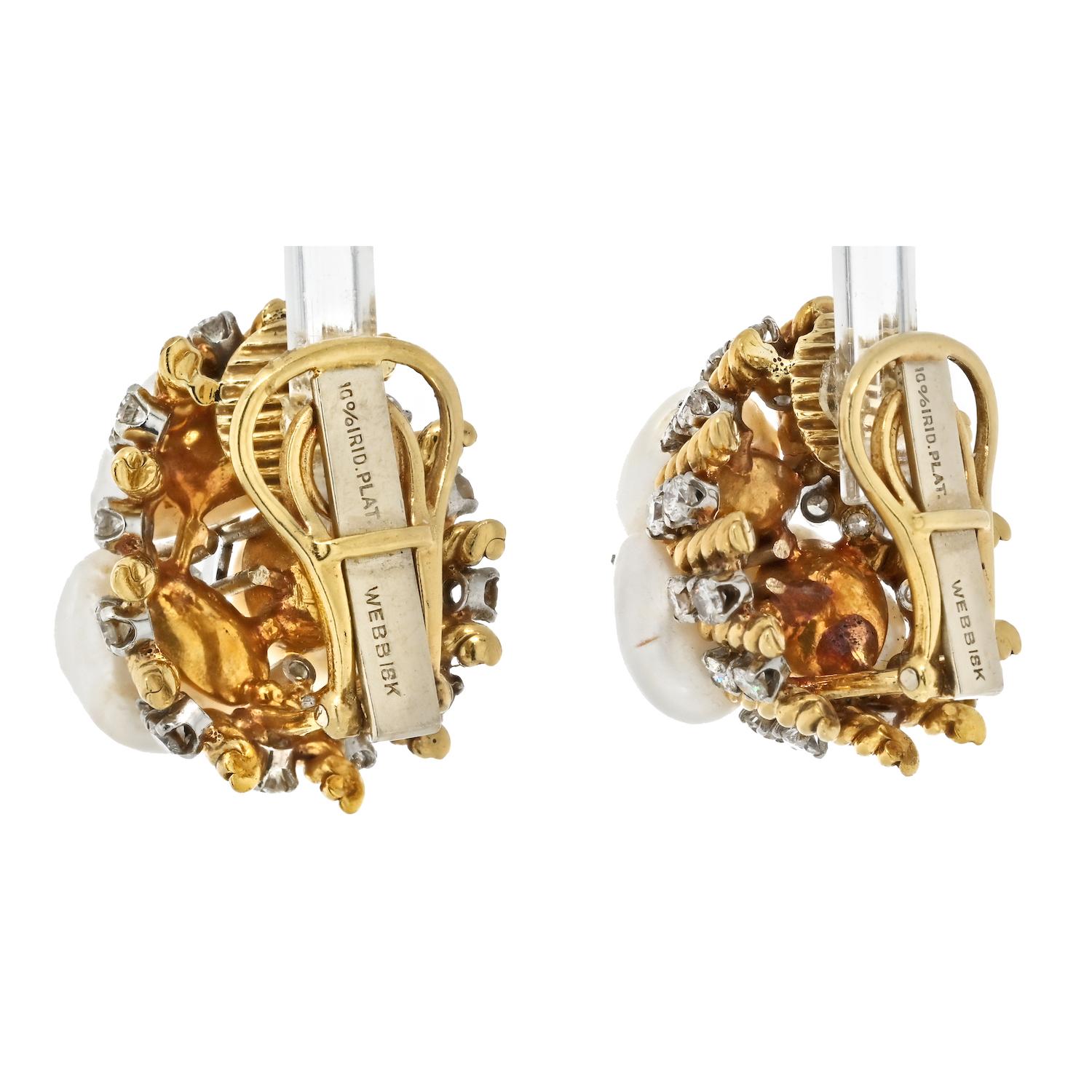 Modern David Webb Platinum & 18k Yellow Gold Diamond, Pearl, Dome Style Clip On Earring For Sale