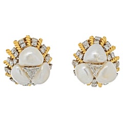 David Webb Platinum & 18k Yellow Gold Diamond, Pearl, Dome Style Clip On Earring